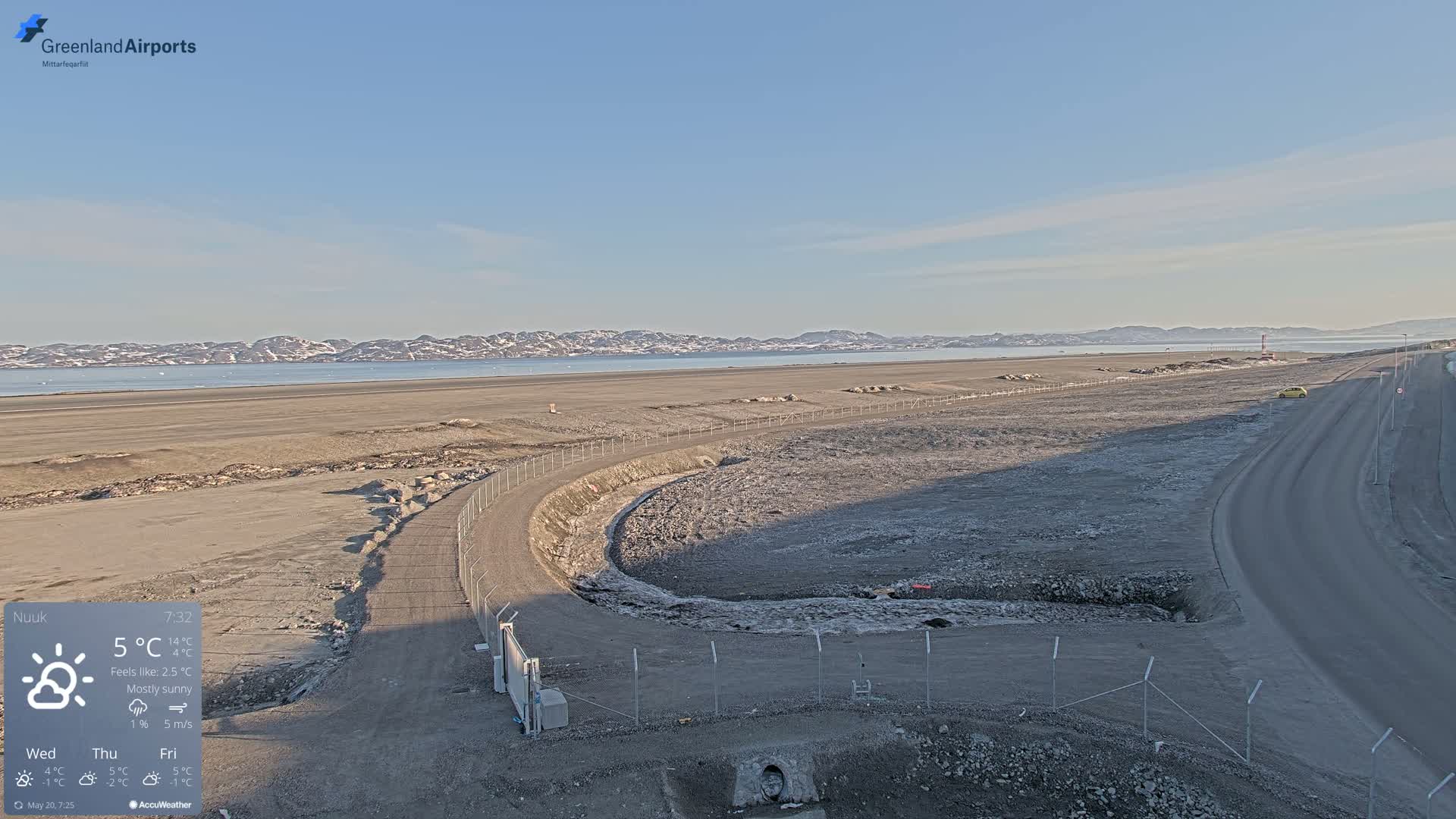 A mostly sunny day reveals a flat, barren landscape with a paved road curving around a fenced-in area, overlooking a calm body of water and distant snow-capped mountains.