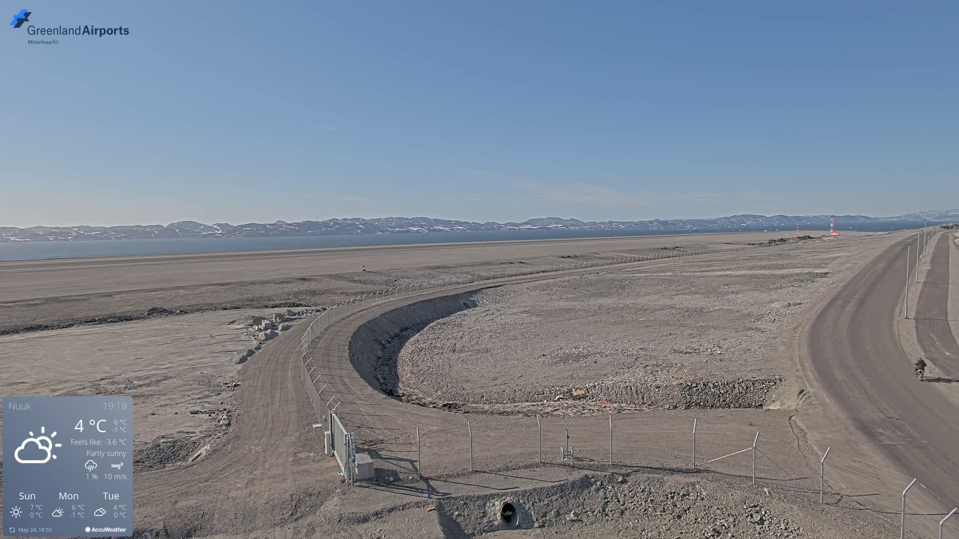 A partly sunny day reveals a long, flat expanse of land with a paved road and a fenced-in area, possibly under construction, adjacent to a body of water and distant mountains.