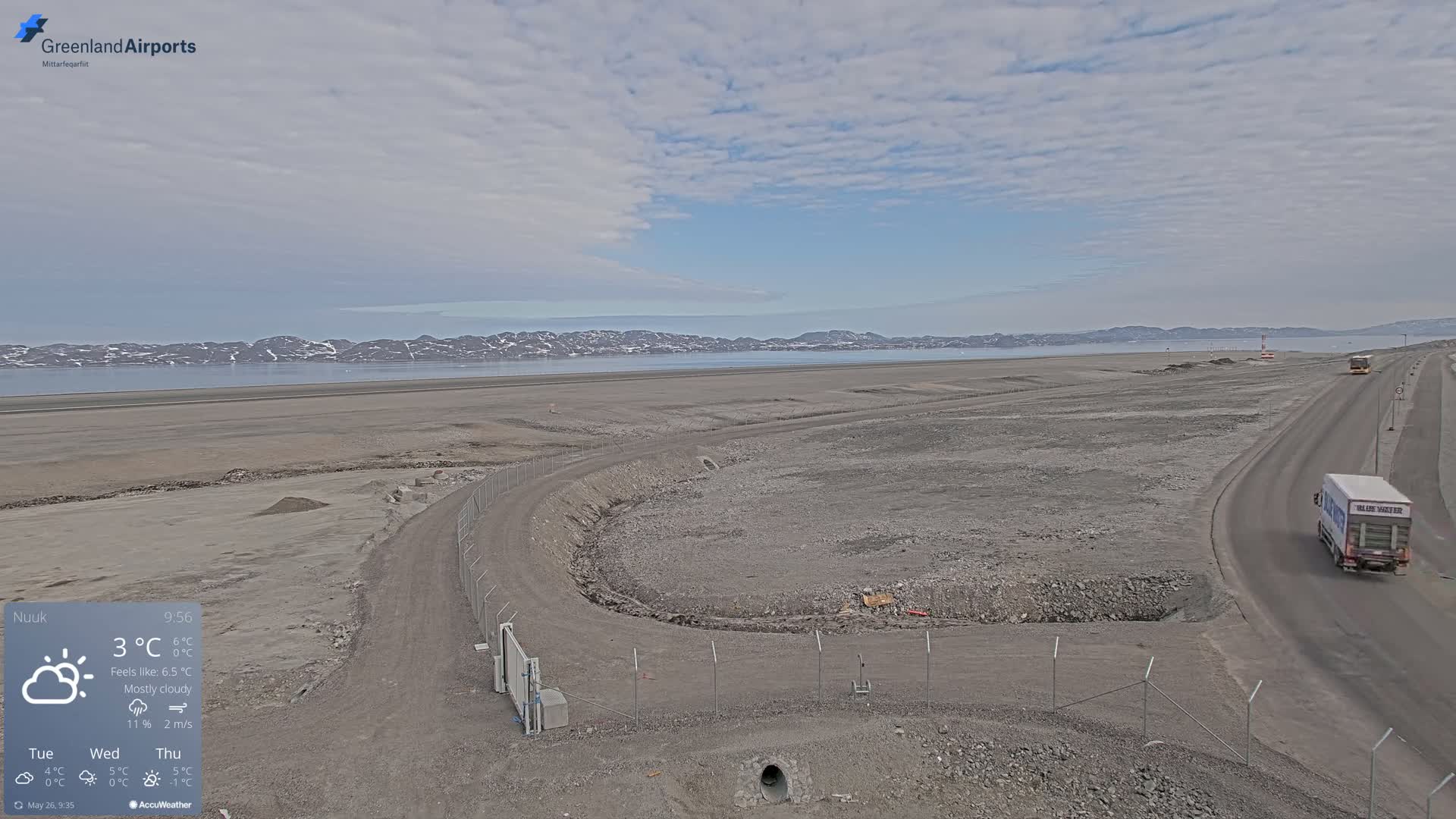 A mostly cloudy day reveals a flat, barren landscape with a road and a fenced-in area near a body of water and distant snow-capped mountains.