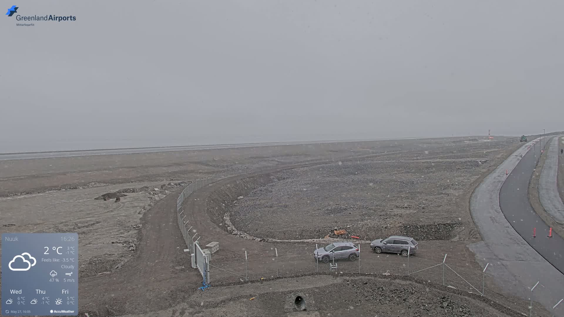 A lightly snowing, cloudy scene shows a mostly empty, rocky, undeveloped area with two cars parked near a chain-link fence and a paved road curving into the distance.