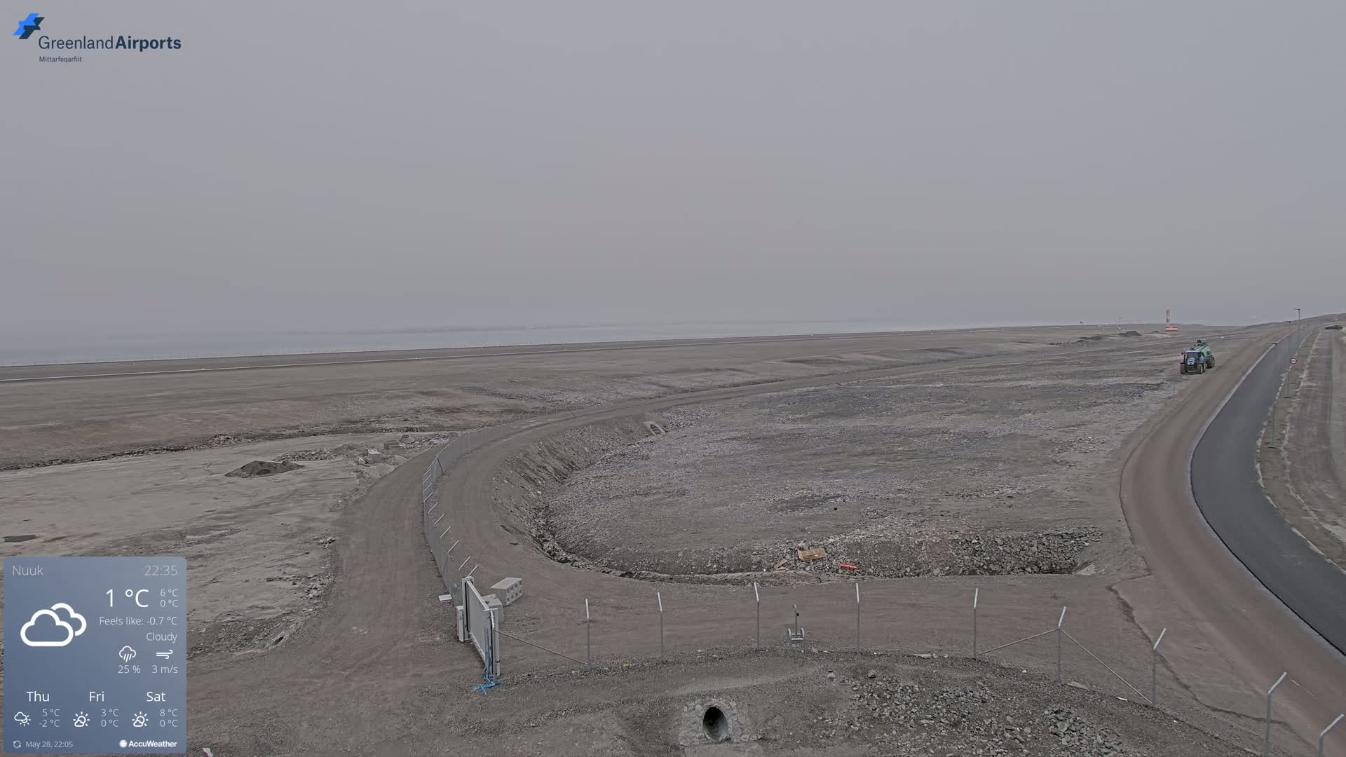 A cloudy, one-degree Celsius day reveals a wide, flat, rocky expanse with a newly paved road curving around a fenced-in construction area, a small tractor visible in the distance.