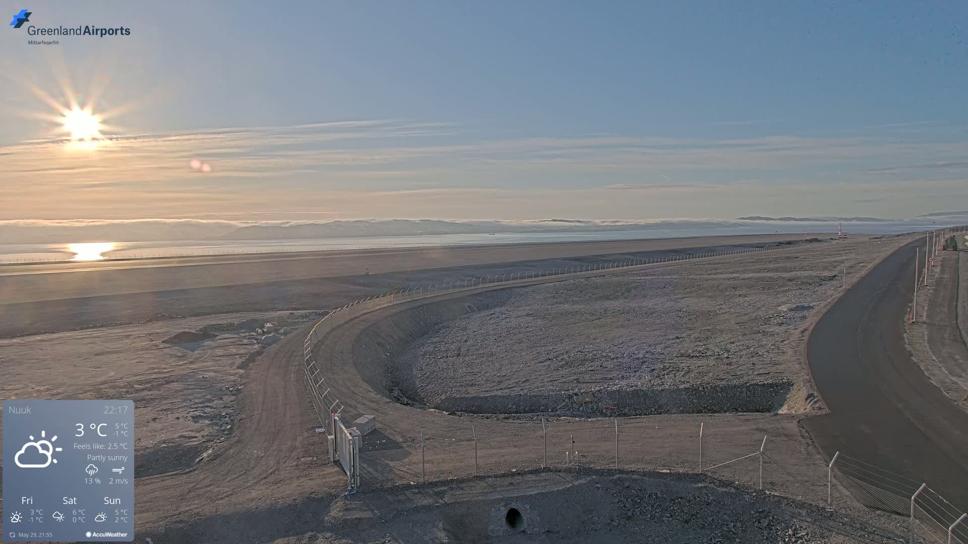 A partly sunny sunrise over a flat, barren landscape with a paved road and a newly constructed section of road curving toward a body of water under a clear sky.