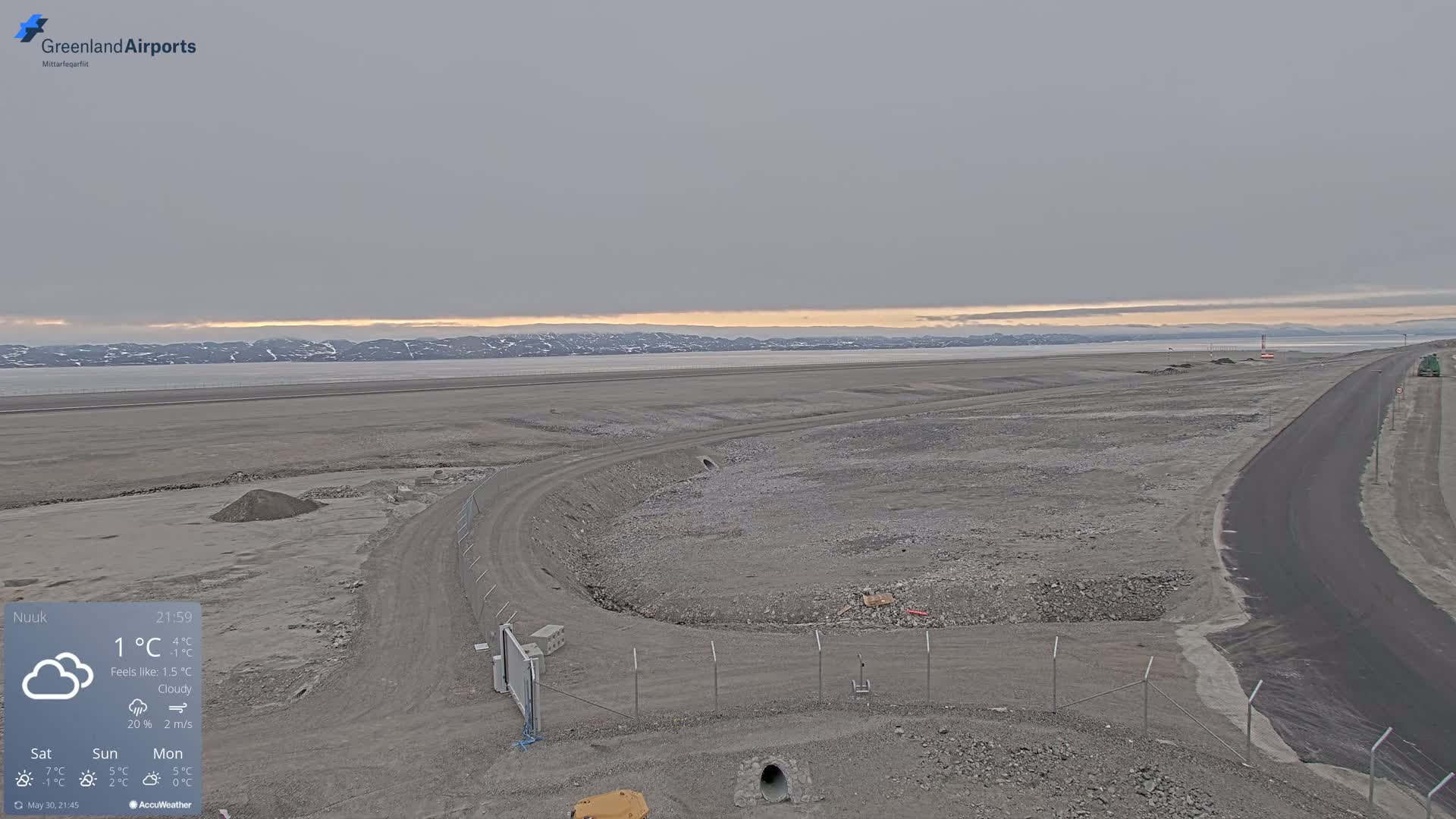 A mostly flat, gravelly landscape under a cloudy sky features a paved road curving away from a fenced-in area with some construction debris.