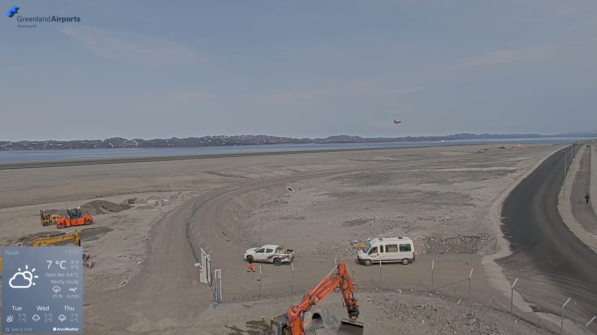 A mostly cloudy day shows a flat, rocky landscape with construction equipment and vehicles near a paved road next to a body of water and distant mountains.