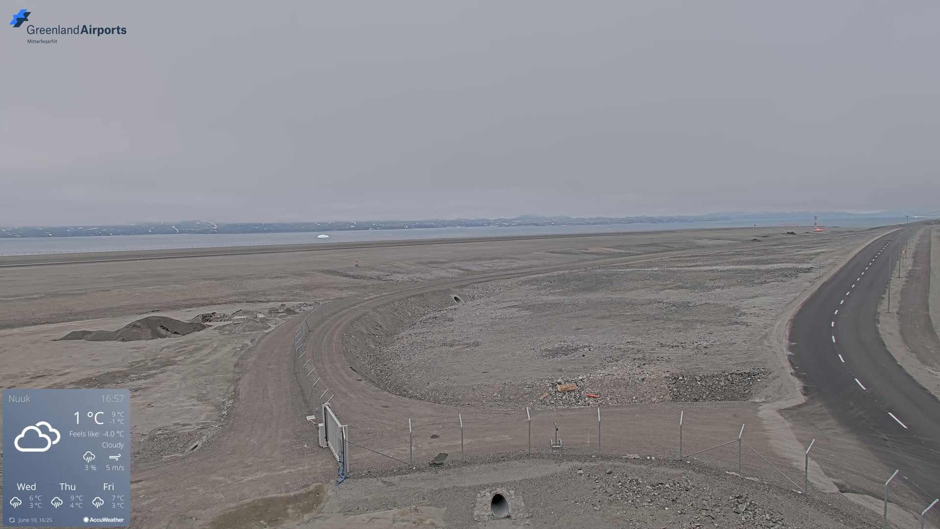 A flat, gray landscape with a road and some construction features is visible under cloudy skies, with a body of water in the distance.