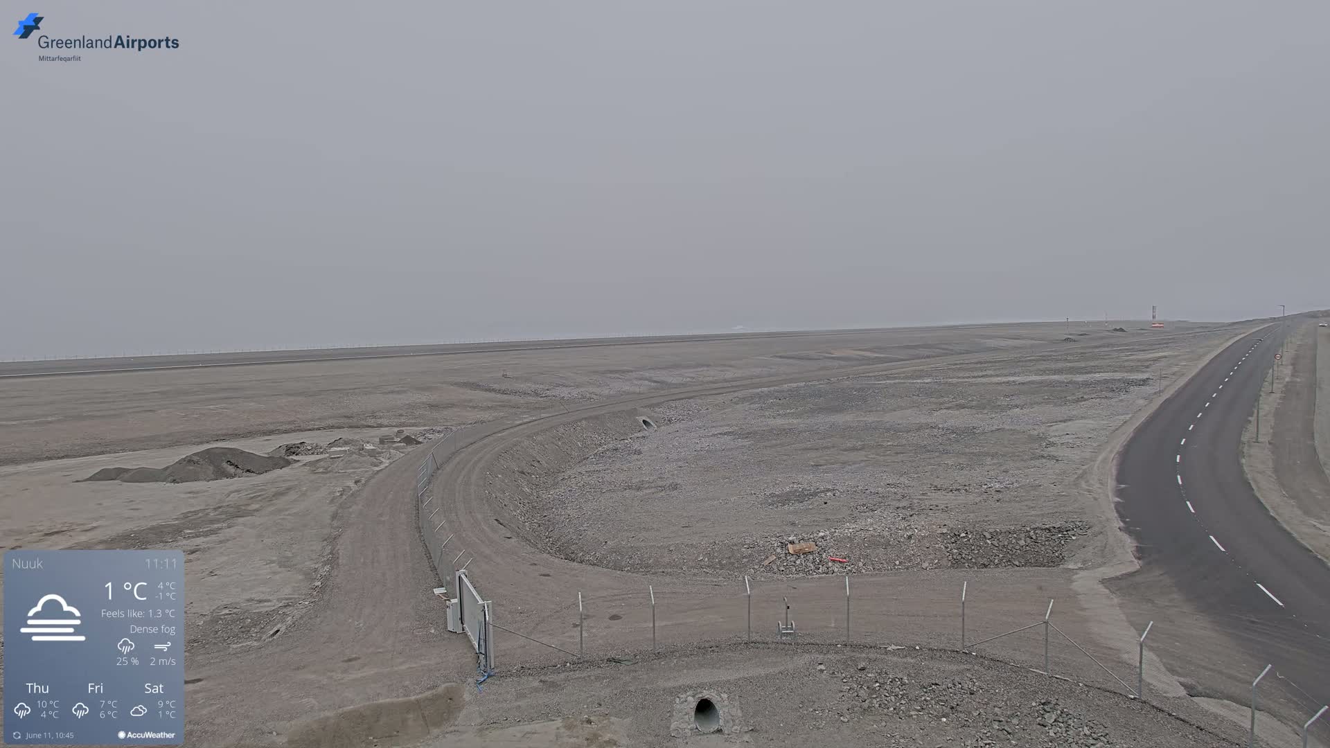 A wide, flat, mostly barren landscape with a paved road and a construction site under a dense fog.