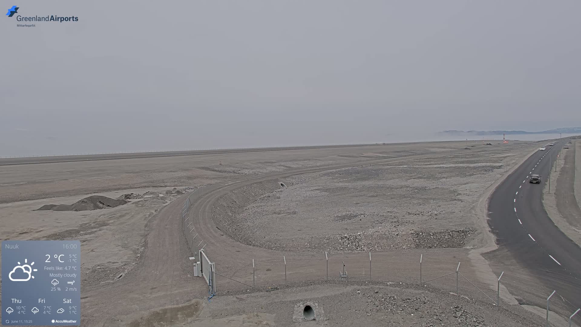 A mostly cloudy, flat, gray landscape with a paved road, some construction, and a few vehicles visible in the distance.