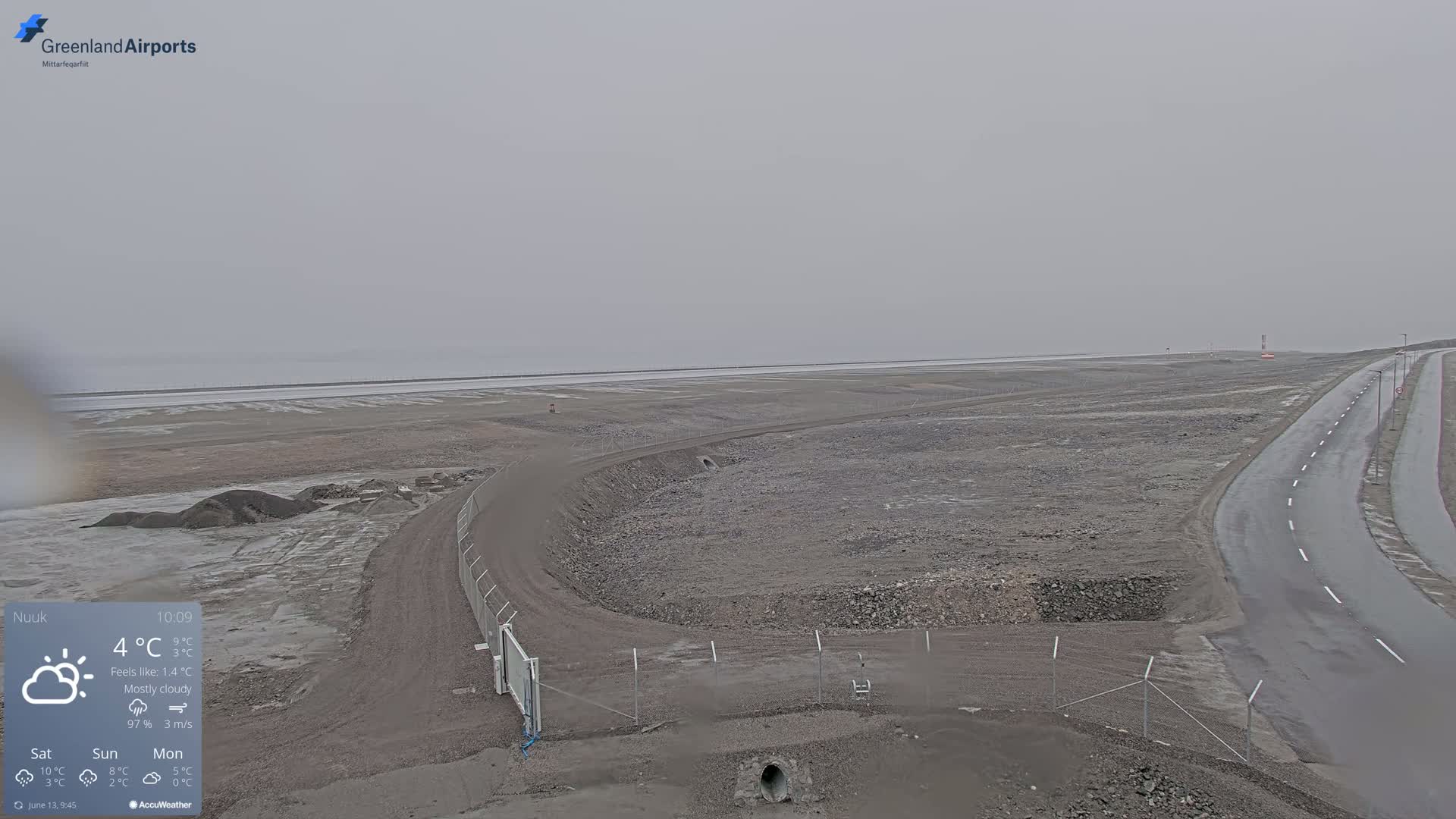 A mostly cloudy, overcast day reveals a flat, gray landscape with a paved road curving through a sparsely vegetated area near a body of water.