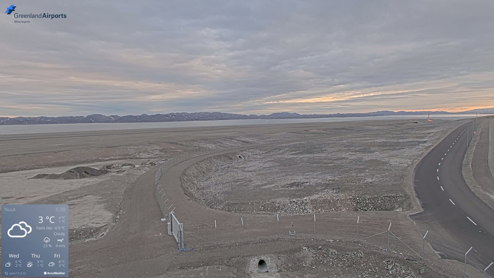 A mostly cloudy, cool day reveals a flat, barren landscape with a road curving toward a body of water and distant mountains under a pale sky.