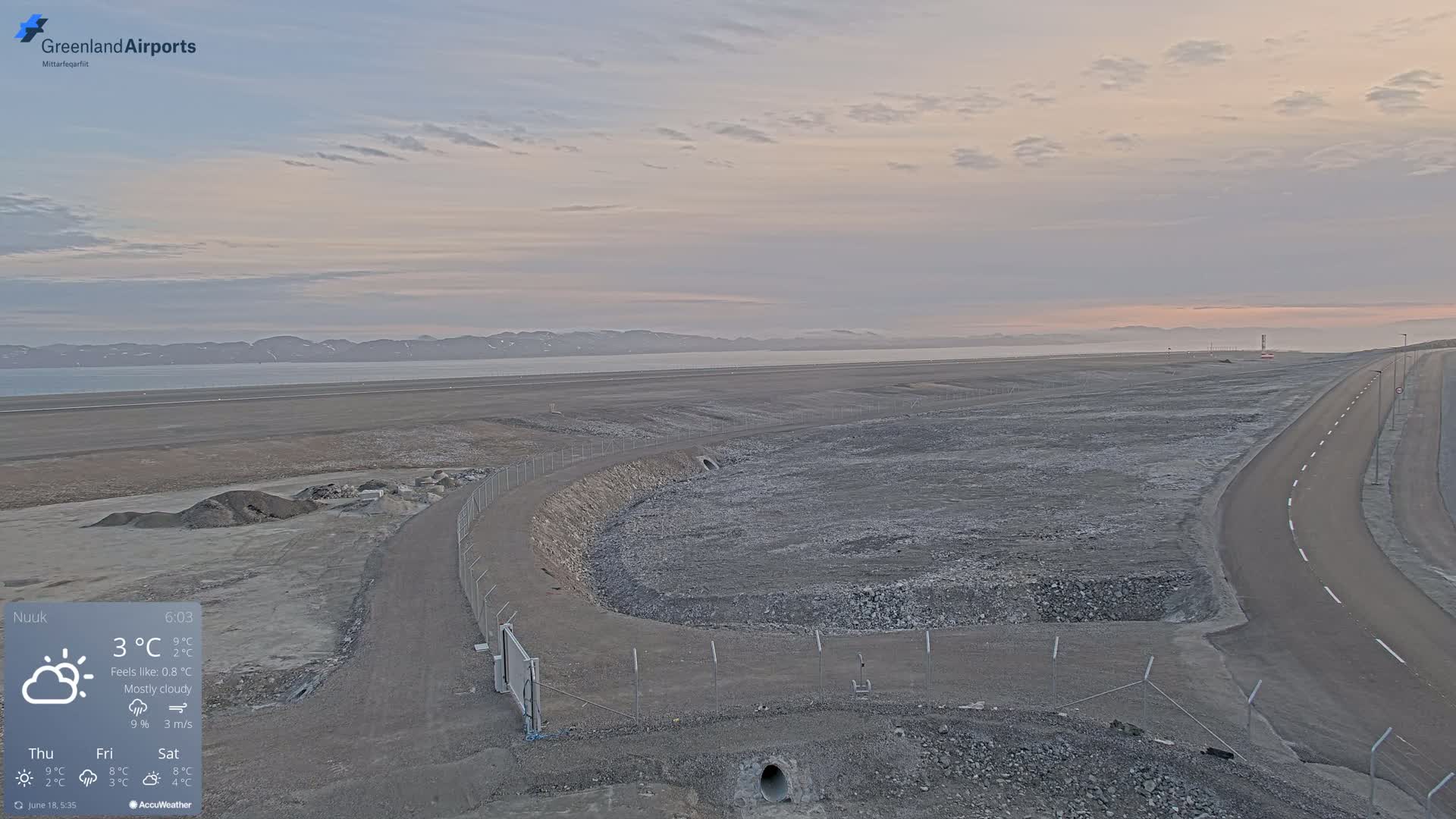 A mostly cloudy, twilight scene shows a flat, rocky landscape with a paved road curving away from a fenced-in area, and a body of water and distant mountains visible in the background.