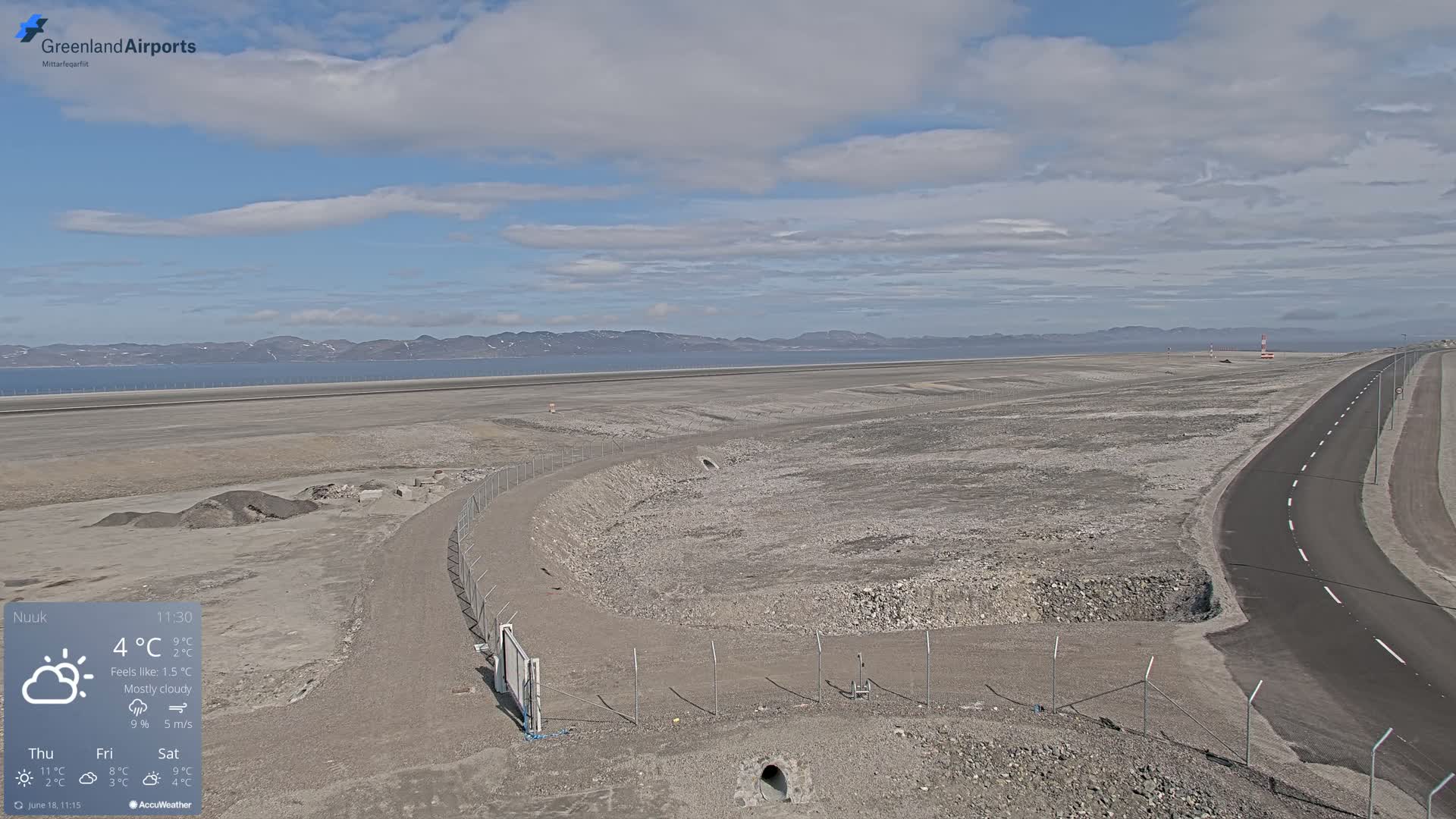 A mostly cloudy day reveals a flat, rocky landscape with a paved road curving alongside a fenced-off area near a body of water and distant mountains.