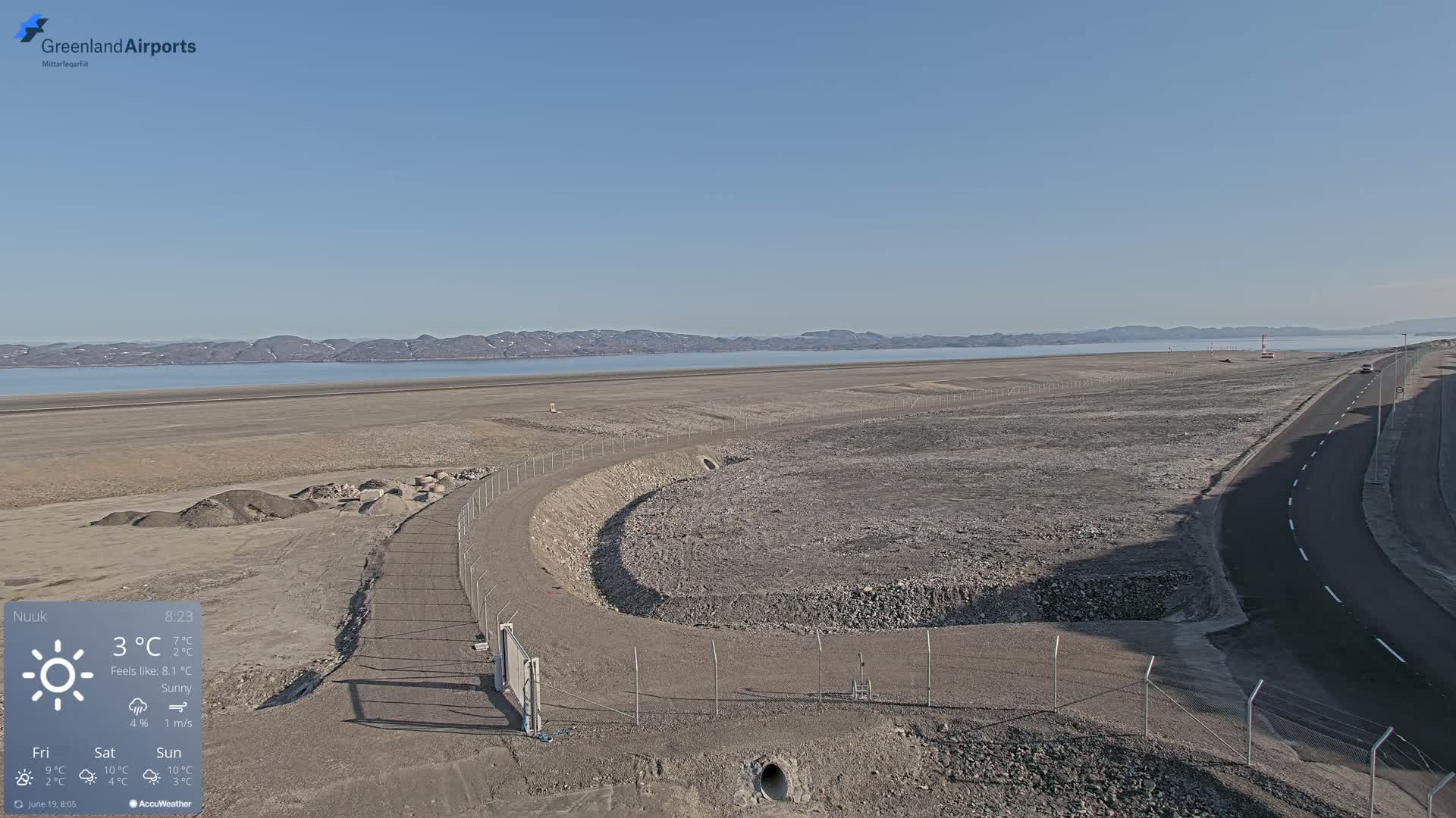 A sunny, flat, and seemingly barren landscape with a body of water in the background, featuring a paved road and a fenced-in area undergoing construction or land development.