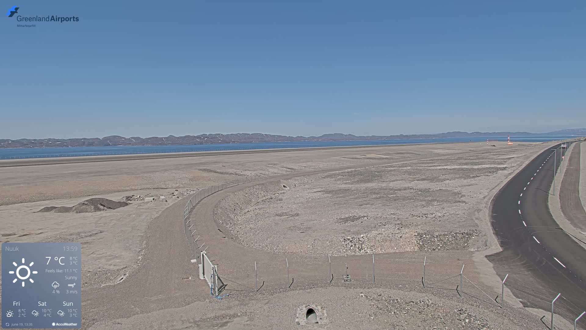 A sunny, sparsely vegetated airport with a paved road and a body of water in the background.
