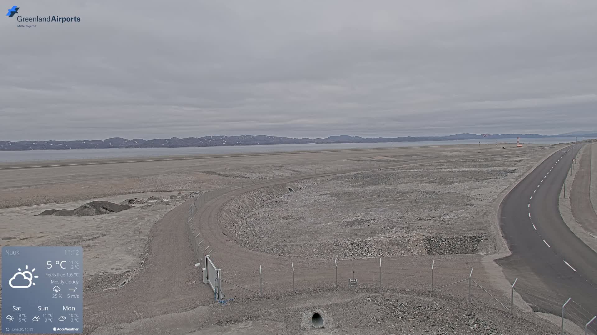 A mostly cloudy day reveals a flat, rocky landscape with a paved road curving toward a body of water and distant mountains under a gray sky.