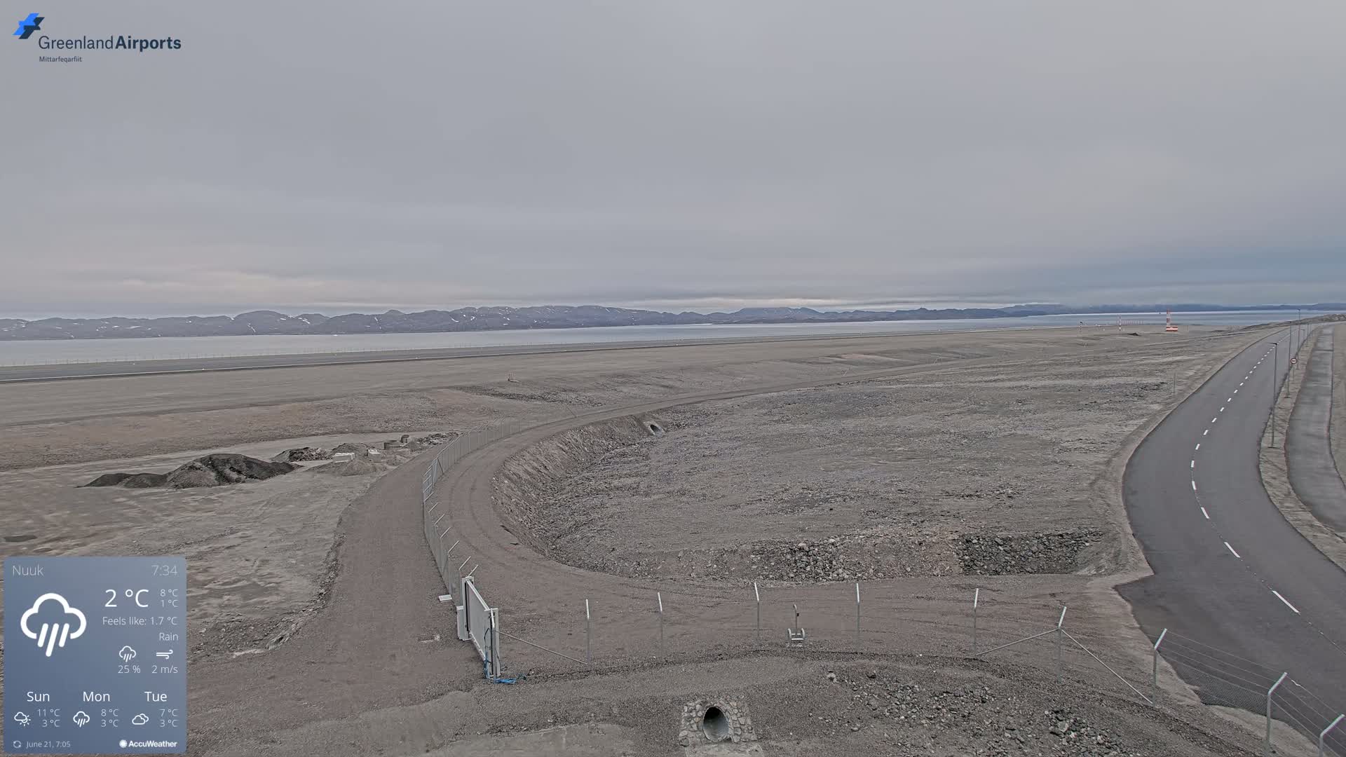 A flat, gray landscape with a road and a fenced-in area under an overcast sky shows rain with a body of water and distant mountains in the background.