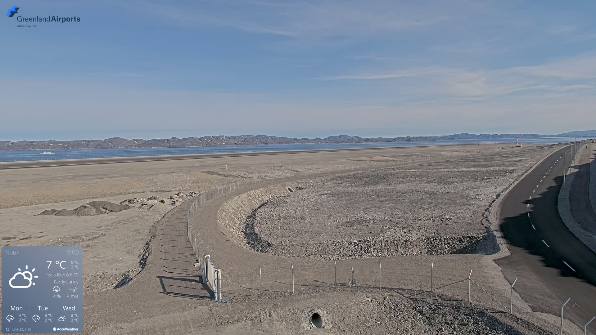 A partly sunny day reveals an airfield under construction near a body of water and distant mountains.