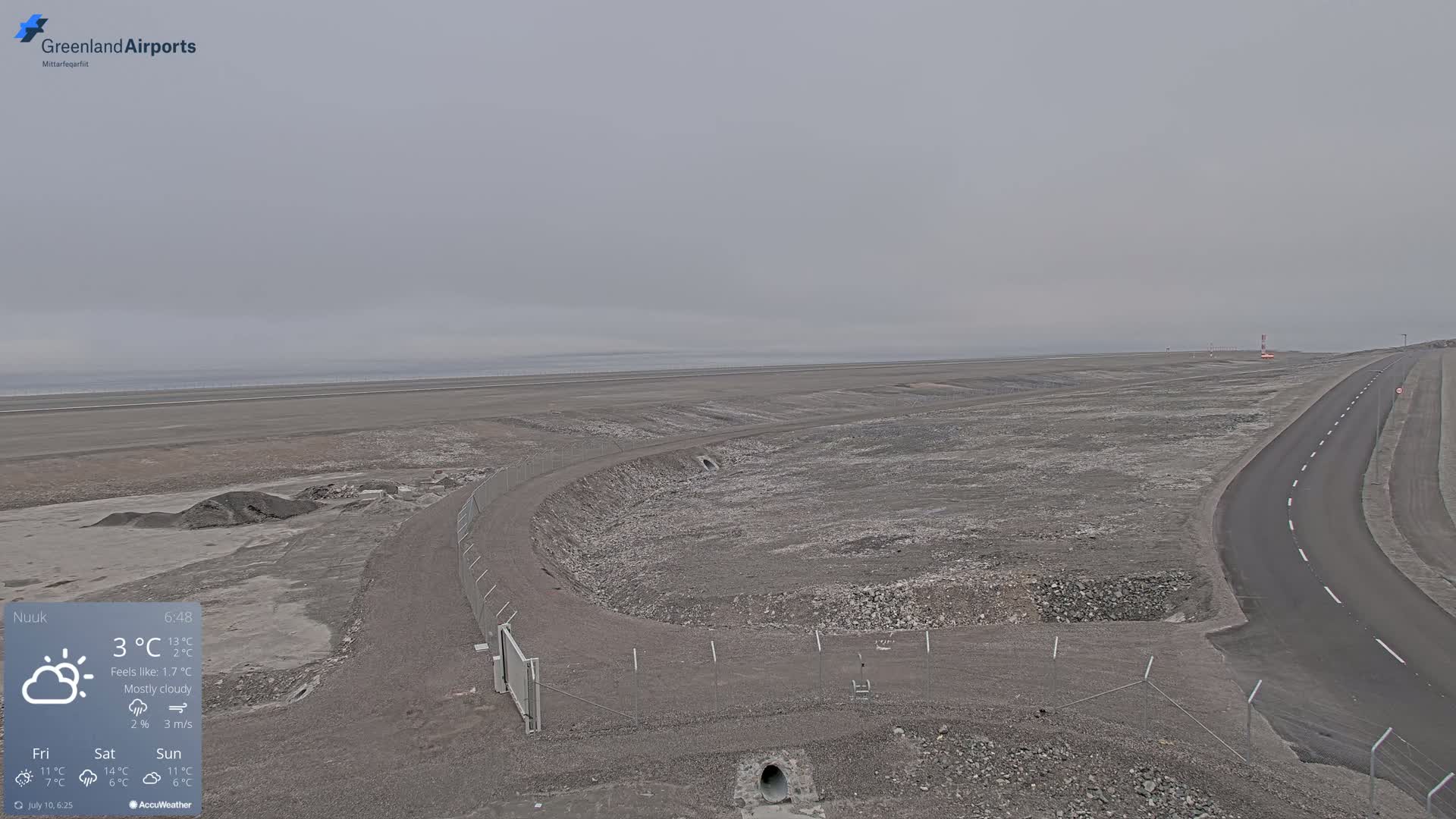 A mostly cloudy, flat, grey landscape with a paved road curving to the right, a fenced-in area, and a body of water in the distance.