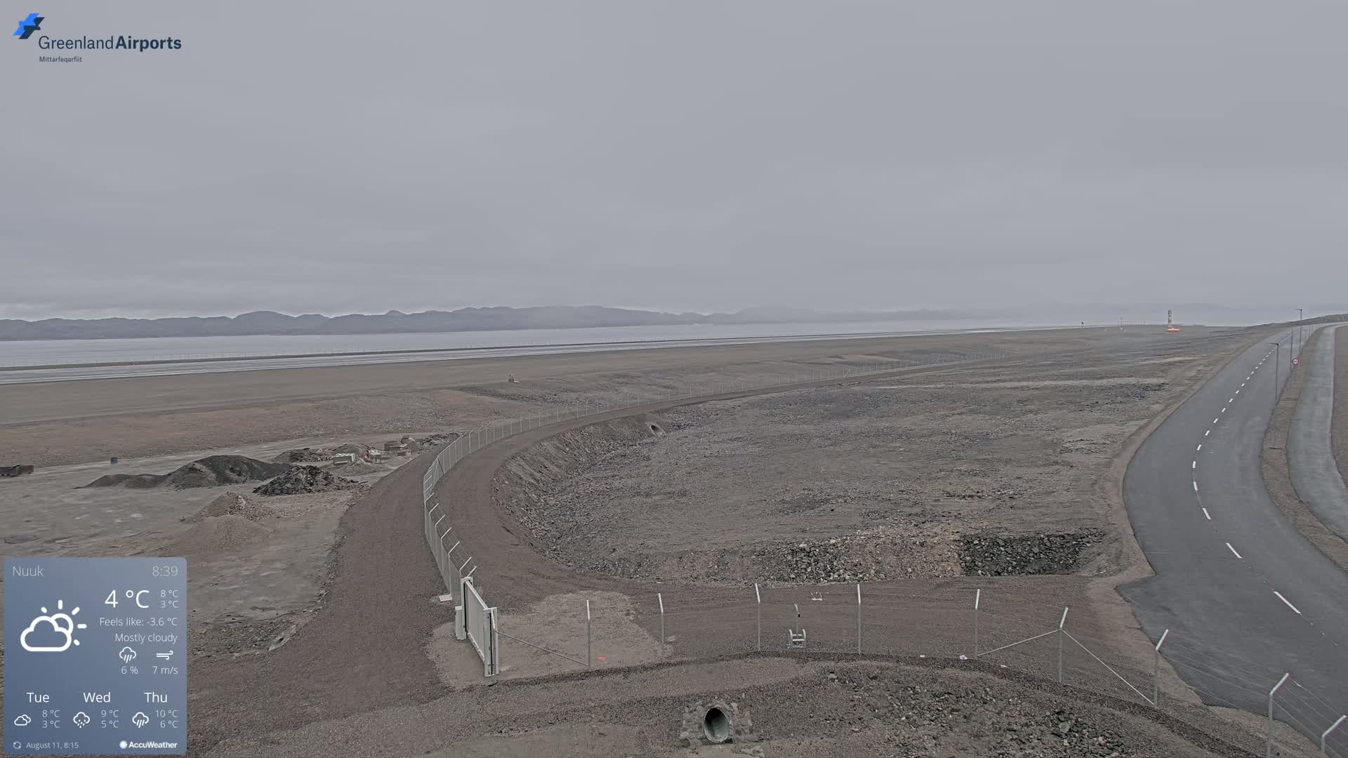 A mostly cloudy, cool day is shown overlooking a flat, rocky landscape with a paved road, a chain link fence, and a body of water in the distance.