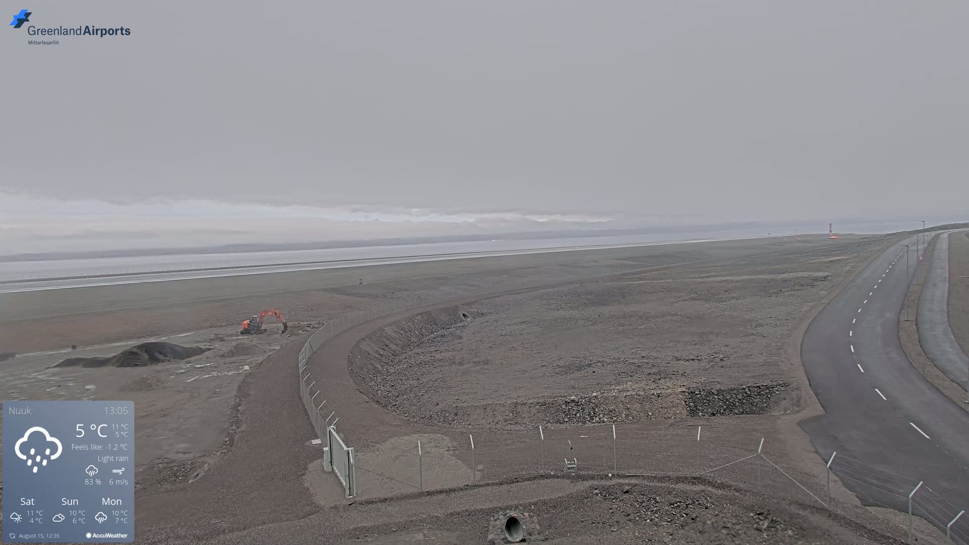A mostly cloudy, cool day is shown overlooking a flat, rocky landscape with a paved road, a chain link fence, and a body of water in the distance.