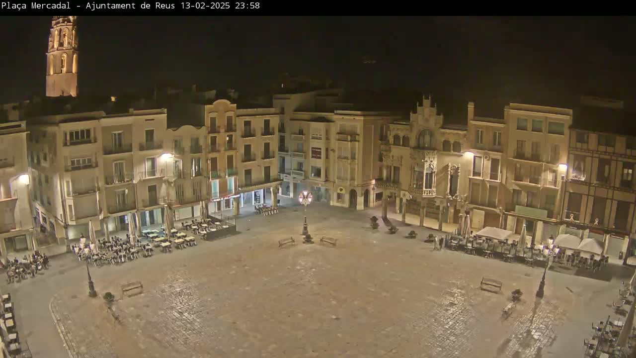 A nighttime, high-angle view of a large, mostly empty town square surrounded by multi-story buildings, with a few people seated at outdoor cafes.