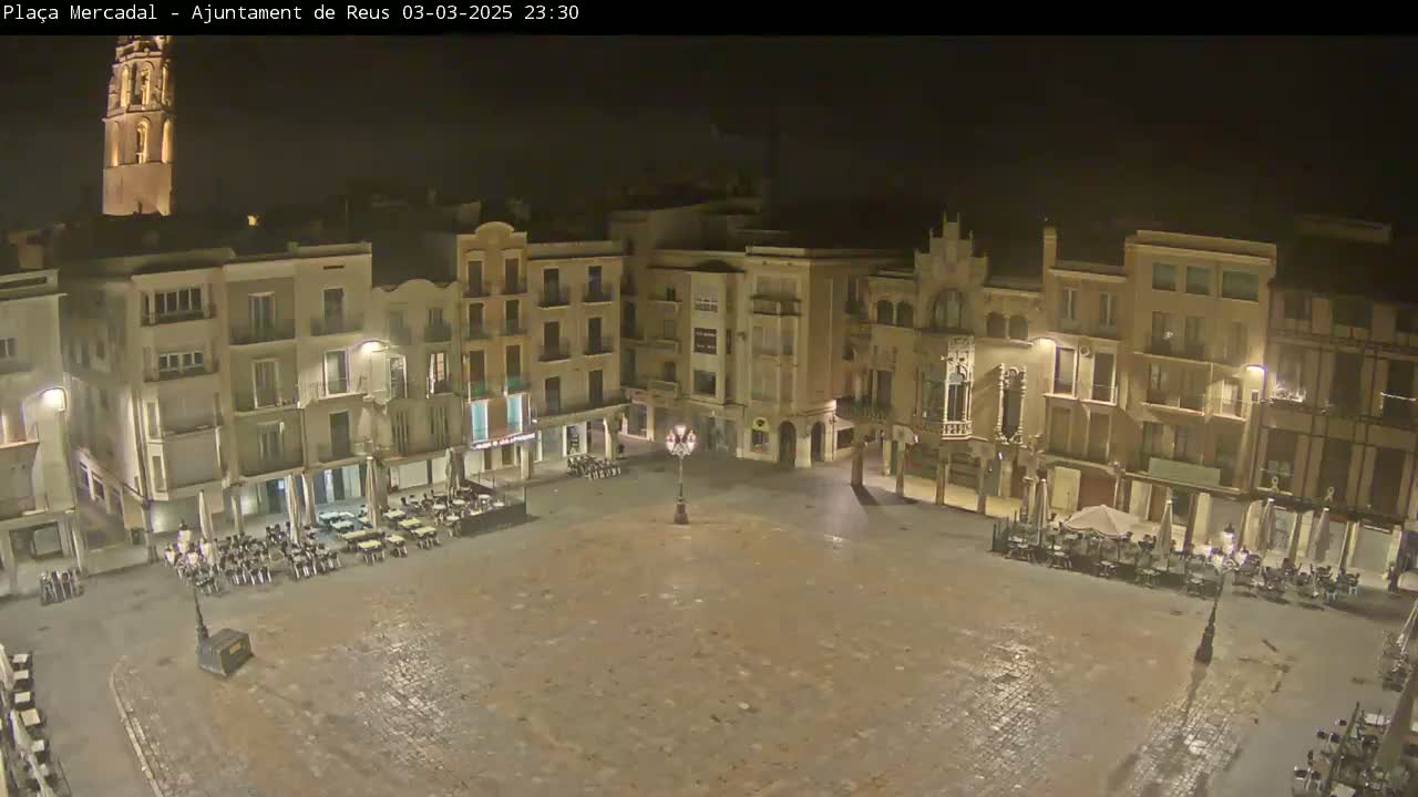A nighttime, high-angle view of a large, mostly empty town square surrounded by multi-story buildings, with a few outdoor tables and chairs scattered around the perimeter.
