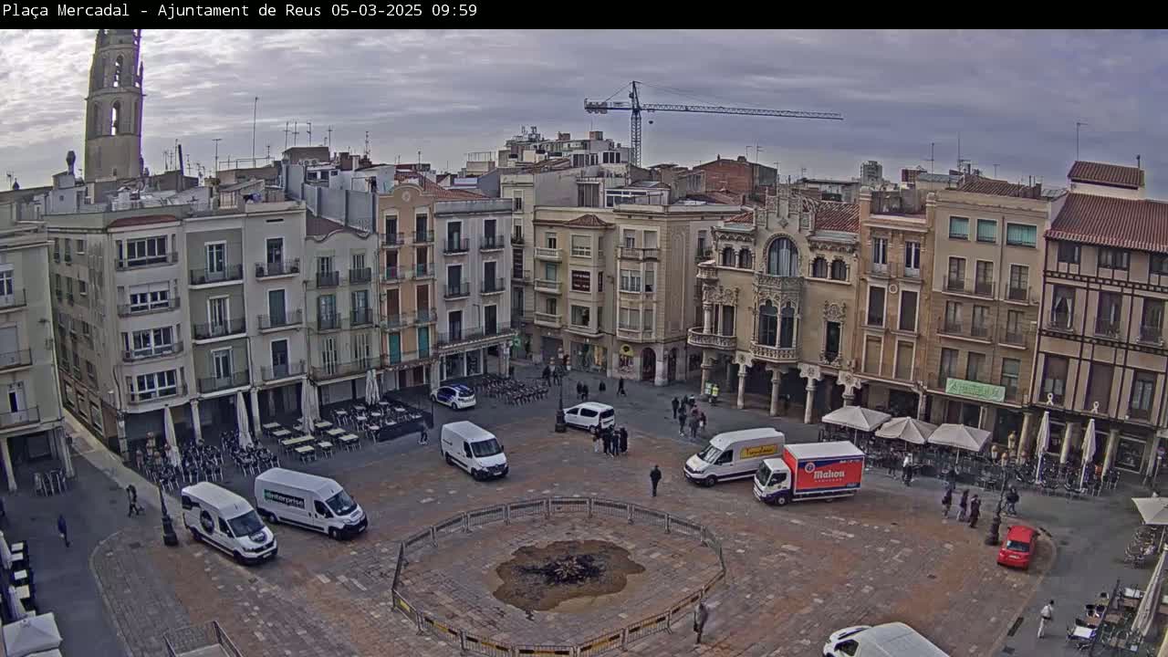 A mostly overcast, daytime view of a town square surrounded by several multi-story buildings, with several vehicles and people scattered throughout the square.