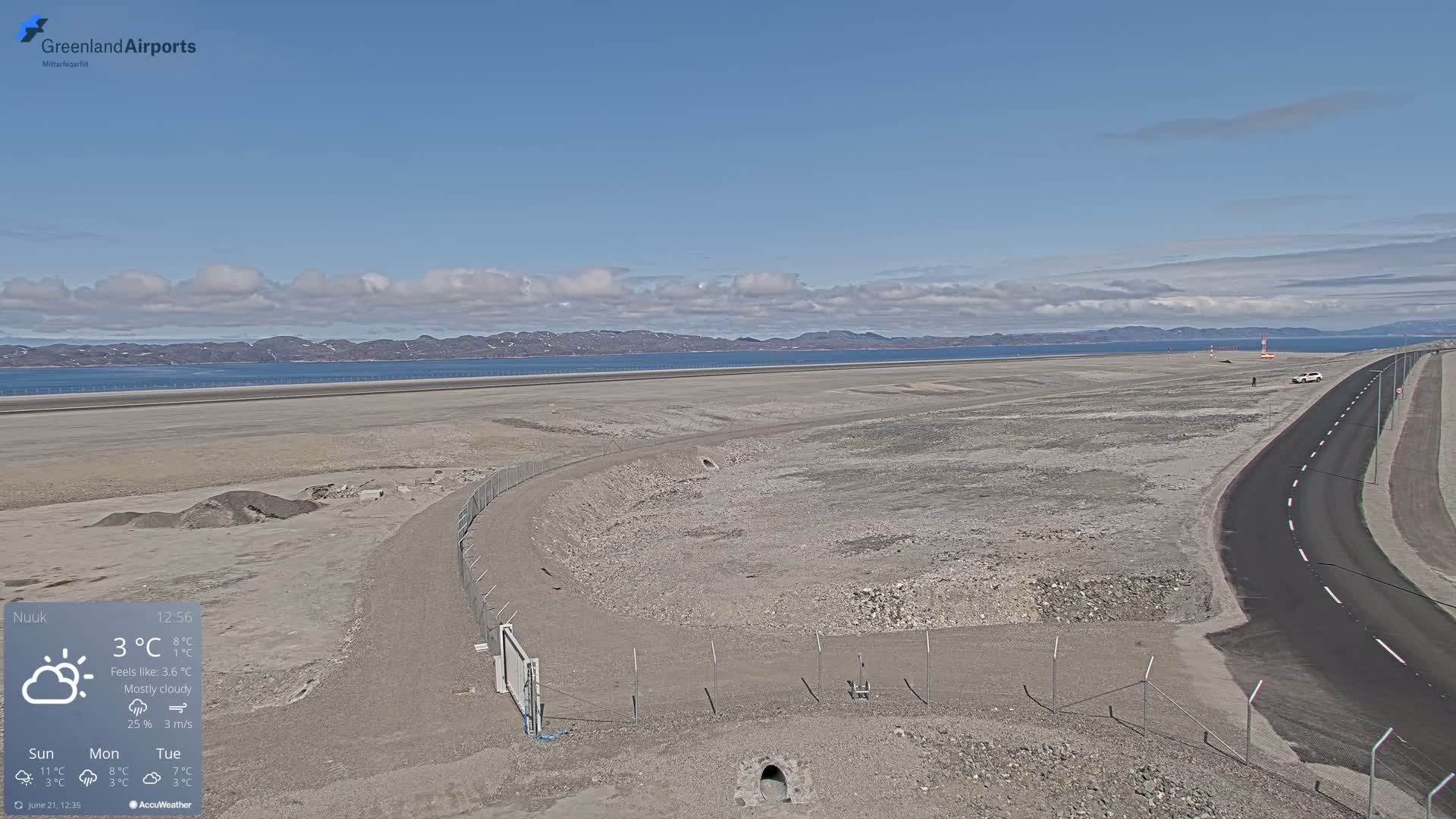 A mostly cloudy day shows a large, flat, rocky expanse of land next to a paved road, with a body of water and distant mountains in the background.