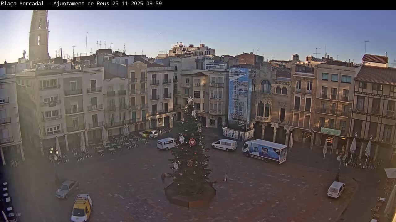 A decorated Christmas tree stands prominently in a European town square surrounded by multi-story buildings and outdoor cafe seating, all bathed in clear, sunny morning light.