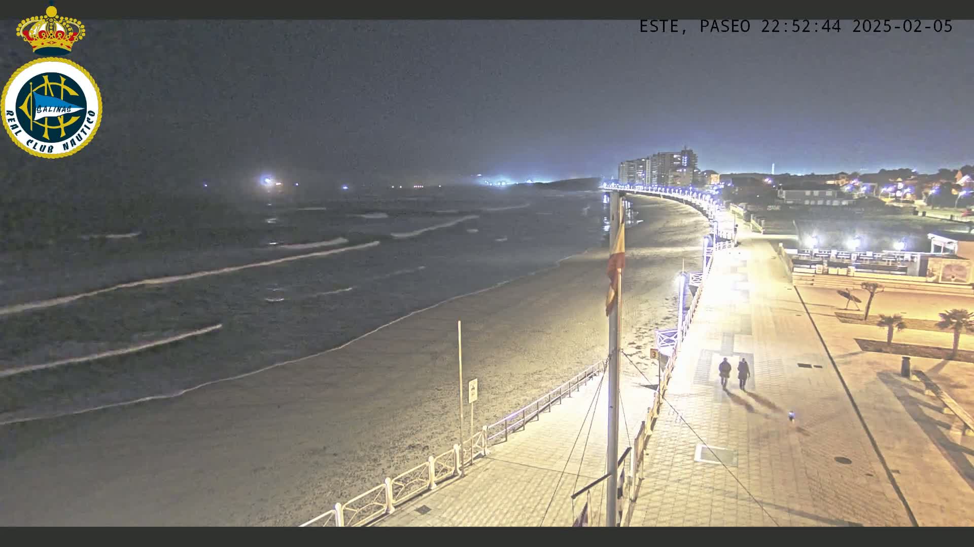 A nighttime view of a beach with gentle waves, a paved walkway, and buildings in the distance under a clear sky.