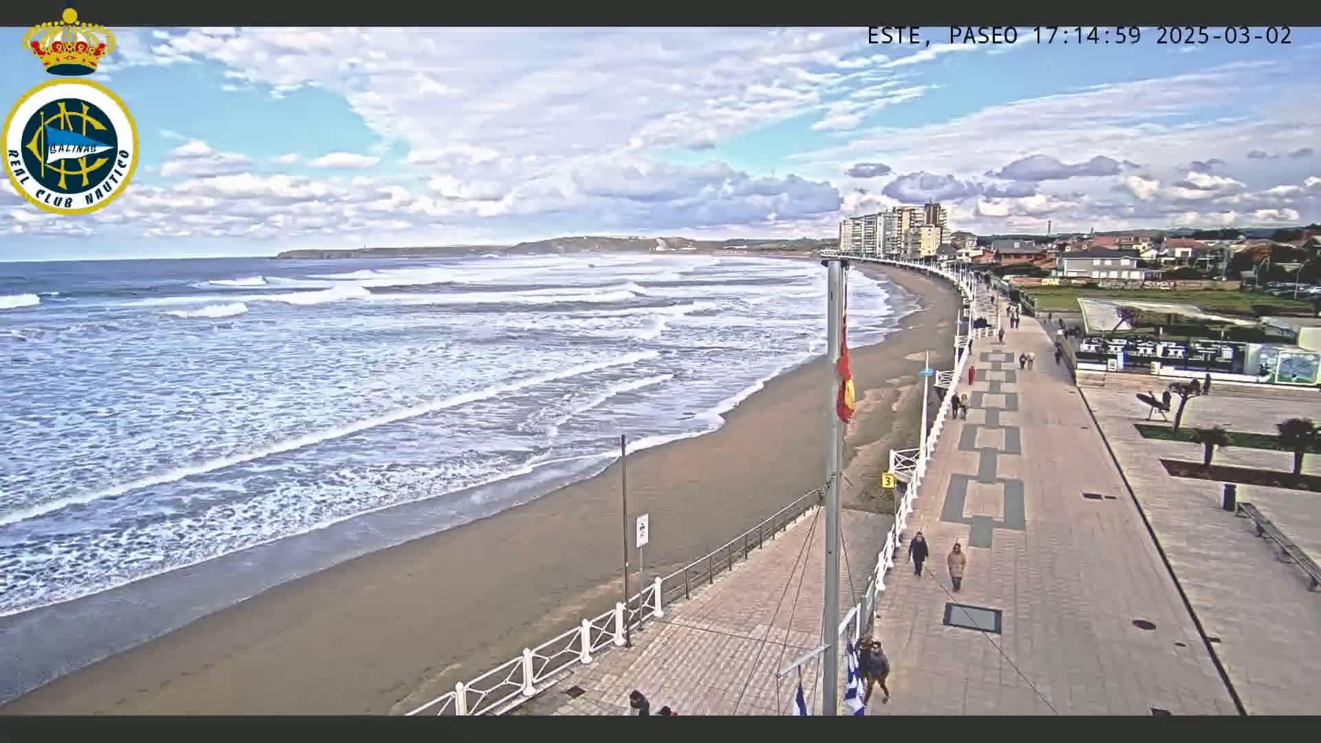 A mostly cloudy day shows a beach with moderate waves, a wide paved boardwalk with a few pedestrians, and buildings in the background.