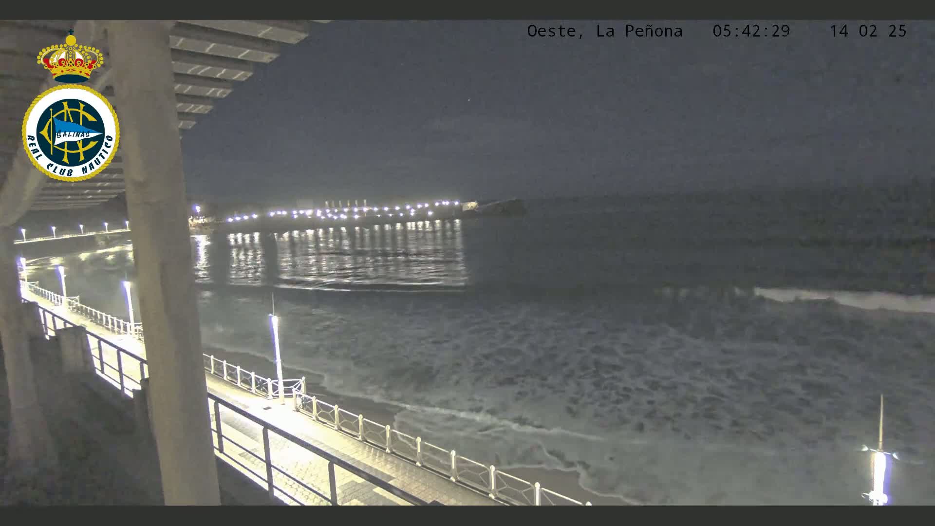 A nighttime view of a gently lapping ocean shore with a lighted pier in the distance under a dark sky.