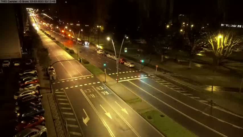 A nighttime, wet street scene shows several cars parked on the left, a few cars driving down a multi-lane road, and a crosswalk with traffic lights.