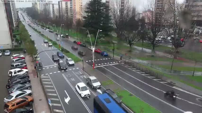 A wet, tree-lined street scene shows several cars driving on a multi-lane road, with parked cars visible in a lot to the left and a bus approaching an intersection.