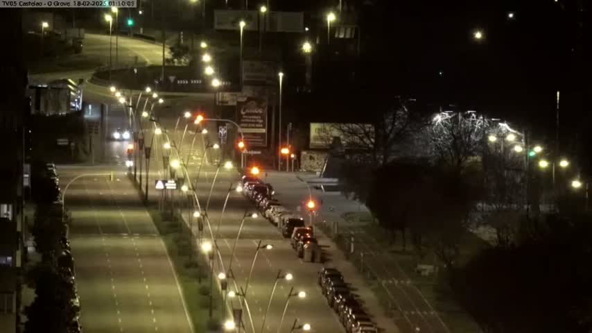 A nighttime, high-angle view shows a multi-lane road with cars driving and parked along the sides, under bright streetlights and beside a tree-lined area.