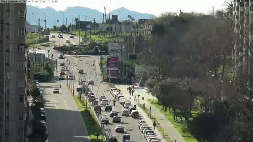 A sunny day overlooking a multi-lane road with moderate traffic, lined with trees and buildings, some with parked cars.