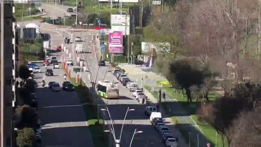 A sunny day reveals a street scene with a bus and numerous cars moving along a road lined with trees, buildings, and billboards.