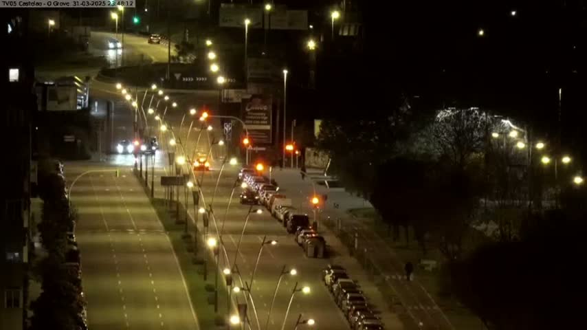 A nighttime view of a multi-lane road with parked and moving cars under illuminated streetlights, alongside a tree-lined median.