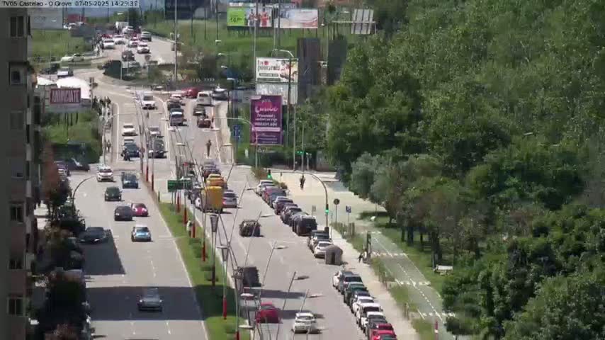 A sunny day shows a multi-lane road with cars driving in both directions, lined with lush green trees and parked cars along the sides.
