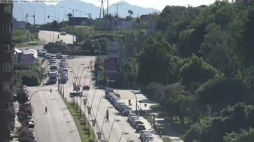A sunny day shows a multi-lane road with a line of cars stopped in the right lane and a pedestrian walking near the left lane, surrounded by lush green trees and buildings in the distance.