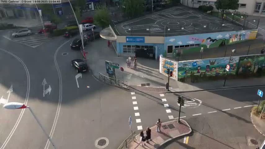 An aerial view shows a street intersection with several cars, pedestrians crossing a crosswalk, and a building with a colorful mural depicting children playing.