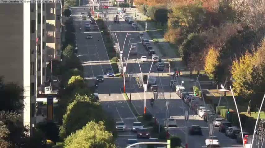 A wide, tree-lined street with numerous cars driving and parked is seen from a high angle on a sunny autumn day, flanked by buildings on the left and lush greenery with fall colors on the right.