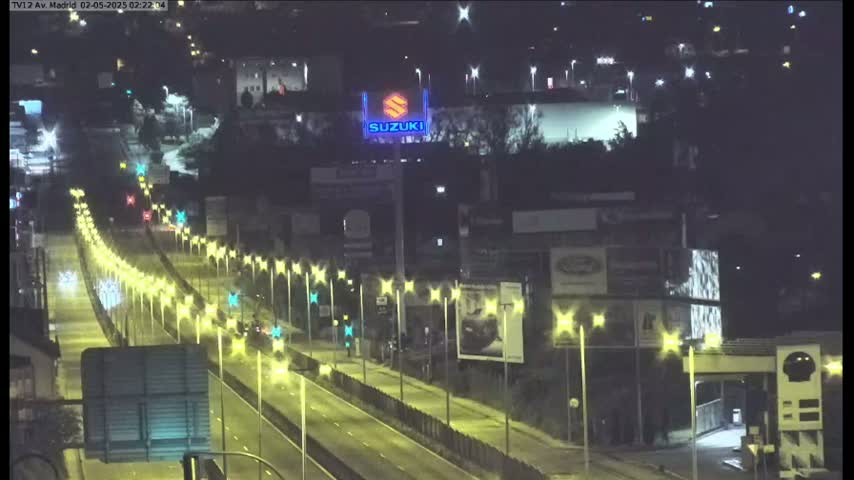 A nighttime, illuminated highway scene shows a multi-lane road with sparse traffic passing under a bright Suzuki sign, alongside buildings with advertisements, and lines of evenly spaced streetlights.