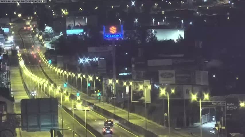 A nighttime view of a multi-lane highway with cars driving on it, lined with illuminated streetlights, passing by buildings and a Suzuki sign.