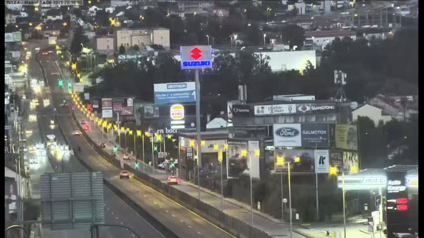 A highway with moderate traffic flows through a city on a sunny day, past buildings with numerous billboards and advertisements.