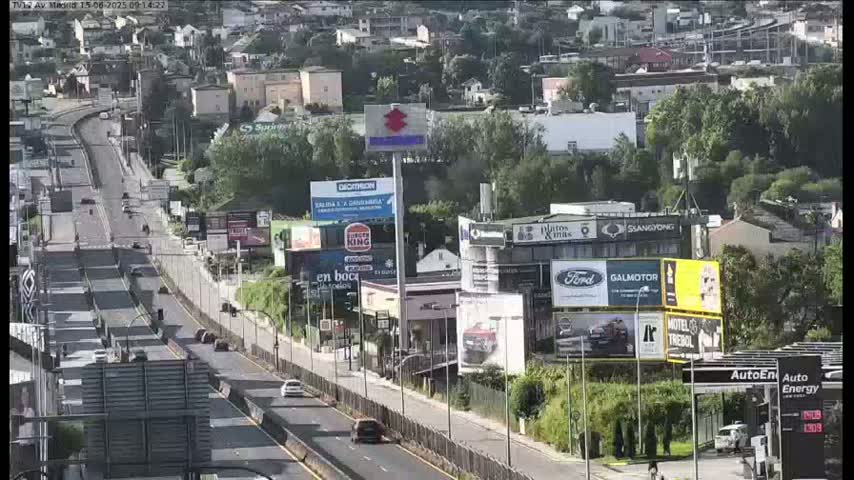 A highway with moderate traffic flows through a city landscape on a sunny day, numerous billboards and advertisements line the road and surrounding buildings.