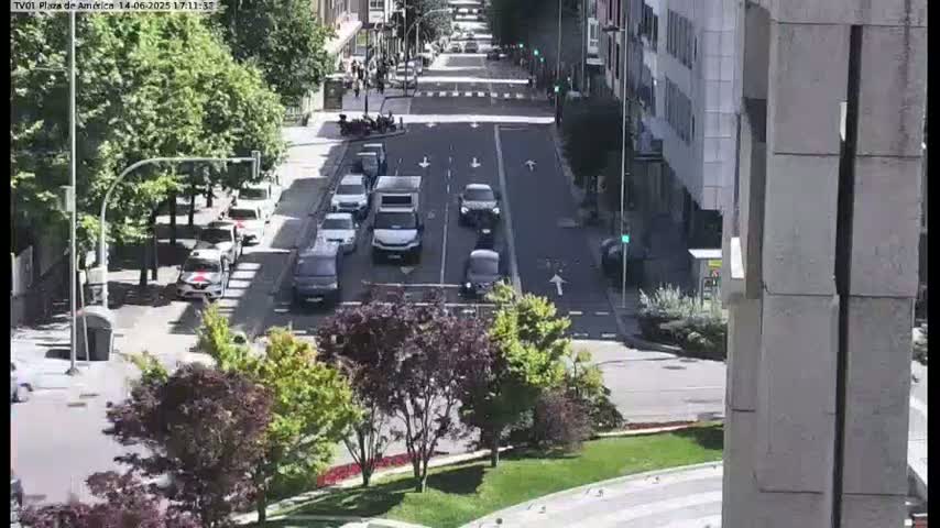 A sunny city street scene shows several cars driving in both directions on a paved road lined with trees and buildings.