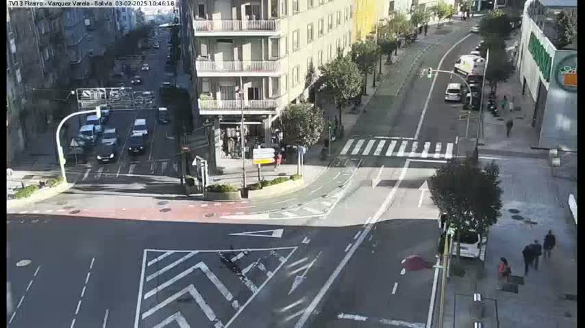 A sunny city intersection with several cars and pedestrians, viewed from above.