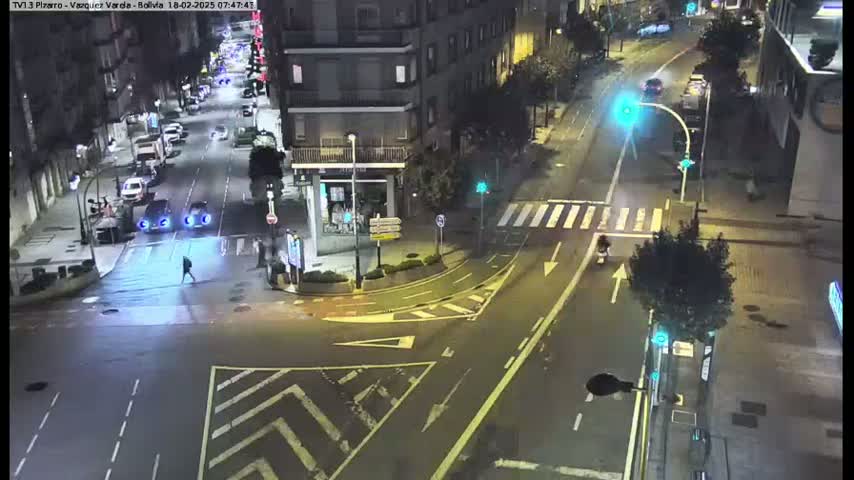 A nighttime aerial view of a city intersection with several cars and pedestrians, showing minimal traffic under well-lit conditions.