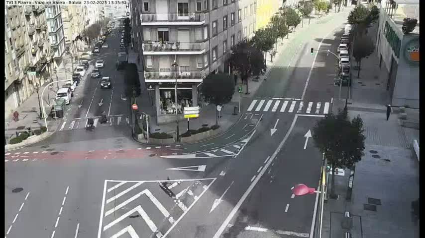 A high-angle view of a city street intersection with parked cars, moving vehicles, and pedestrians, under a mostly clear sky.