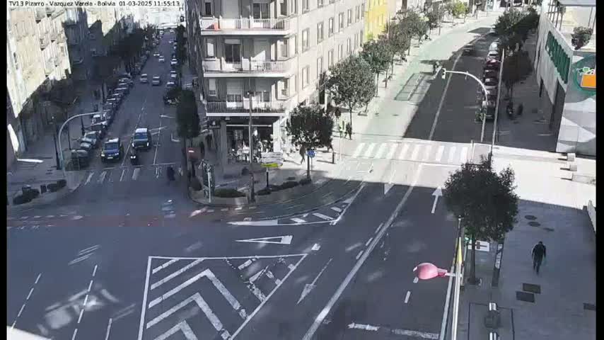 A sunny, high-angle view of a city intersection with several cars and pedestrians, showing buildings and roads.